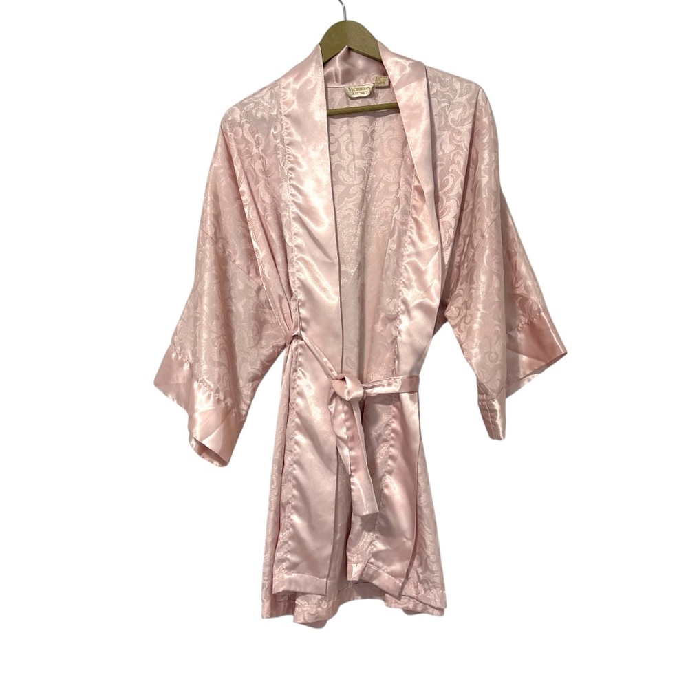 Victorias Secret‎ OS Vintage Gold Label Light Pink Satin Waist Tie Robe Romantic